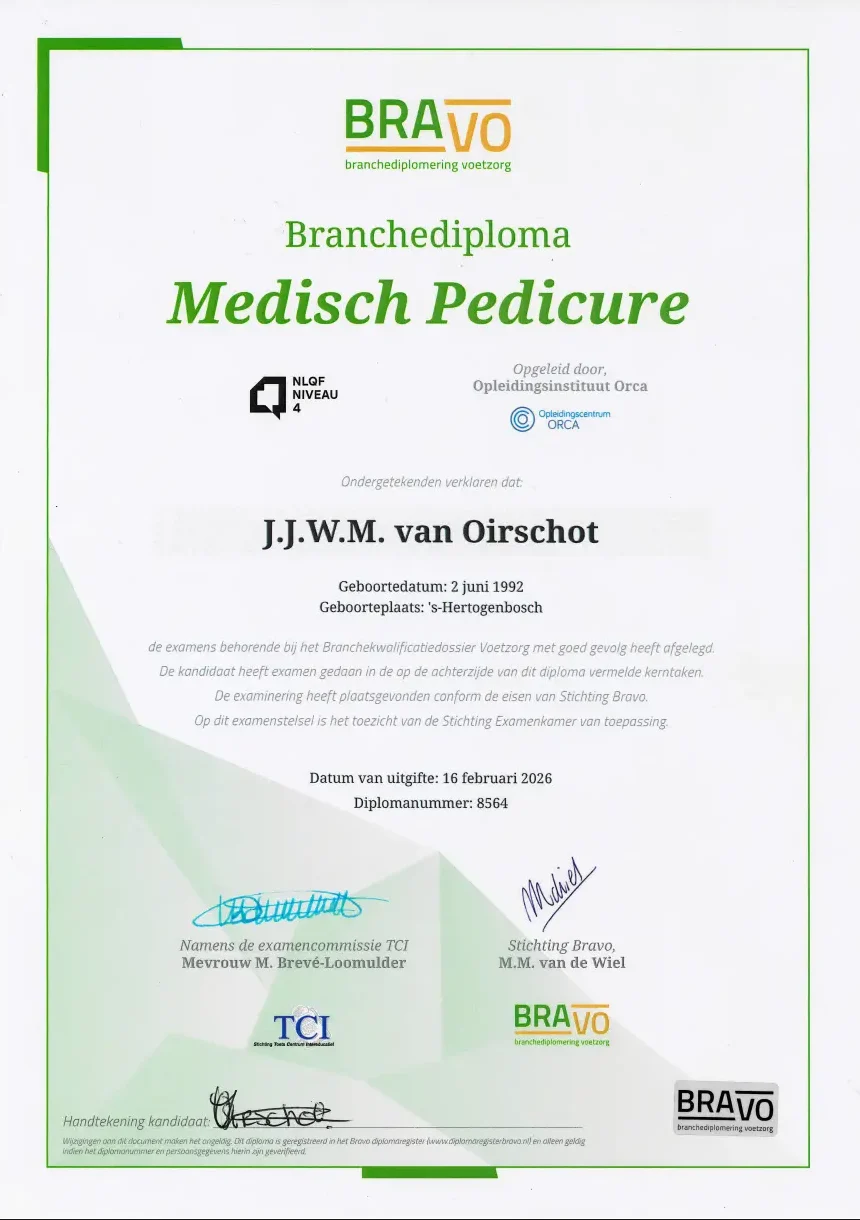 Branchediploma Medisch Pedicure van Jessy van Oirschot